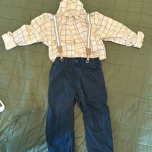 H&M collared shirt and navy suspenders pant set.